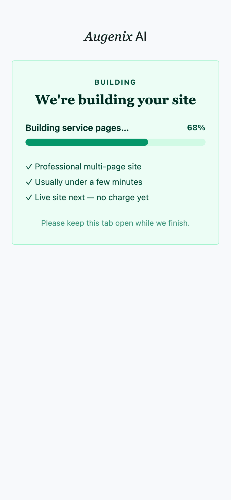 Progress screen while your website is being built