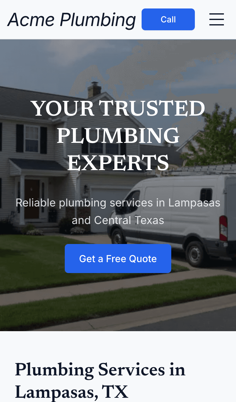 Mobile view of a finished local service website